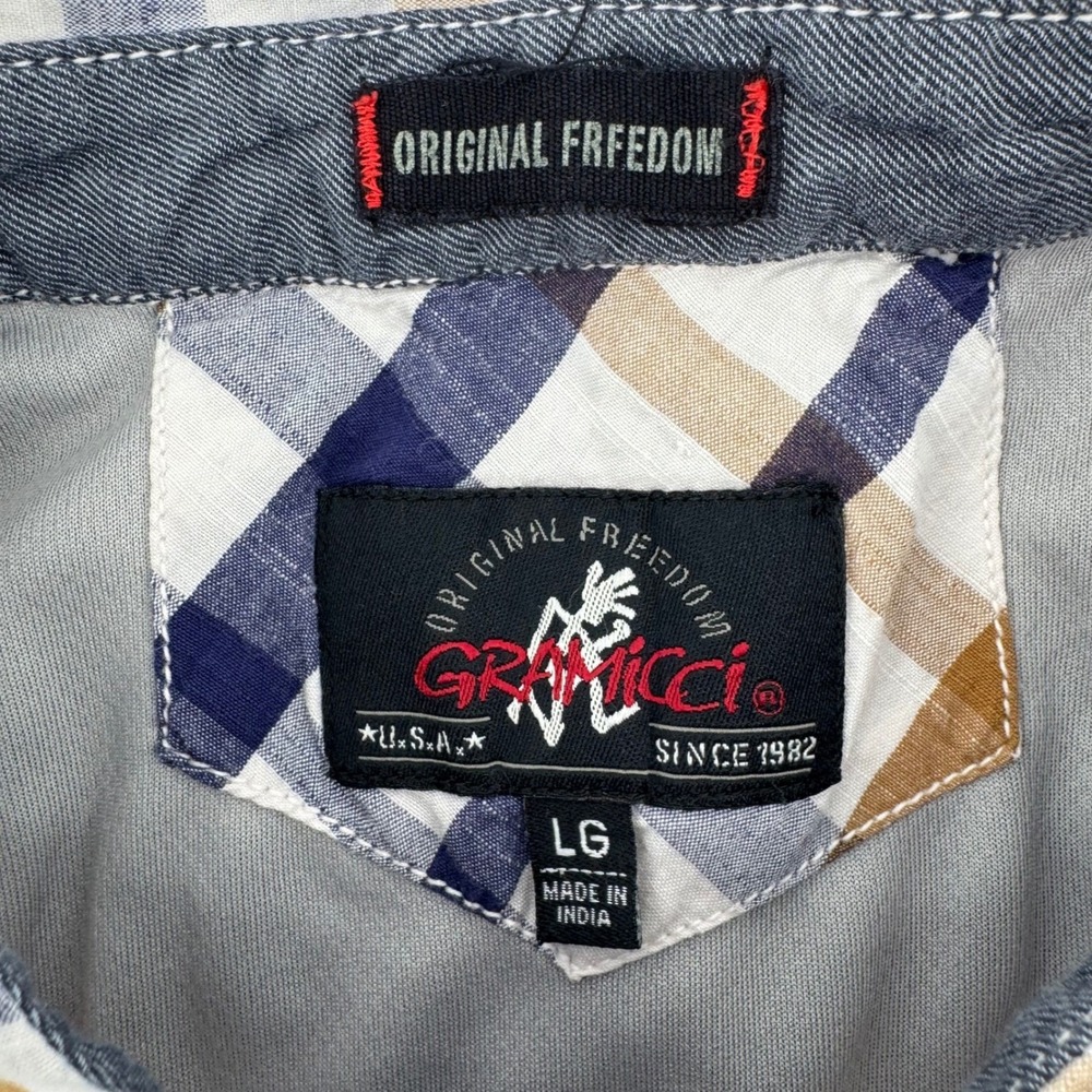 Gramicci Button Down Shirt Mens LG Blue Tan Plaid Ombre Short Sleeve Cotton - Picture 4 of 7